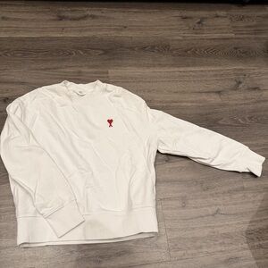 Ami White Crewneck Sweater with Red Detail